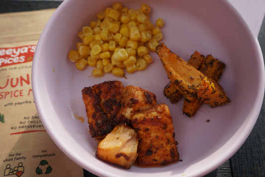 Cajun Salmon with sweetcorn and sweet potato fries